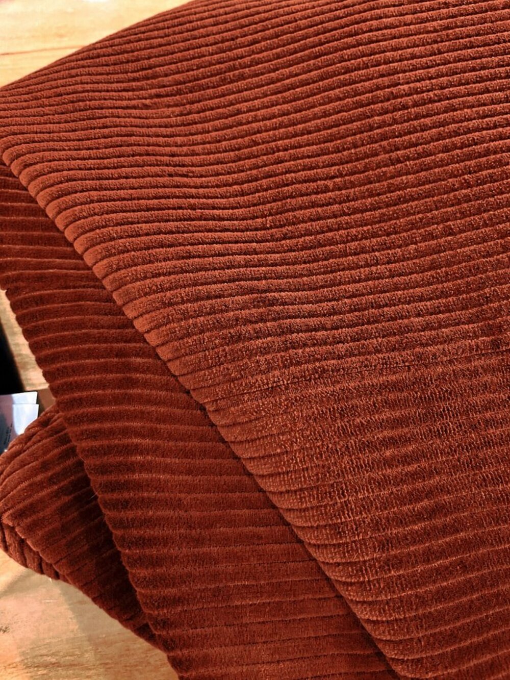 Plush Ribbed wide wale corduroy 100” round tablecloth - deep red/rust color